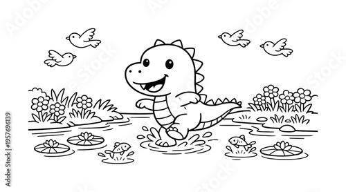 Friendly dinosaur playing near a calm river with lily pads, tiny fish jumping, flowers along the bank and birds flying overhead,