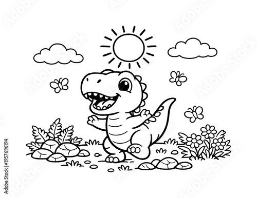 T-rex kid playing happily in a prehistoric meadow with ferns, flowers, and rocks around, tiny butterflies fluttering nearby and a