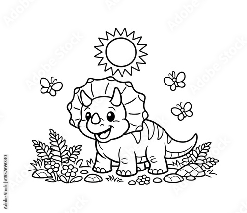 Triceratops pal standing happily in a prehistoric meadow with ferns, flowers, and small rocks around, butterflies fluttering