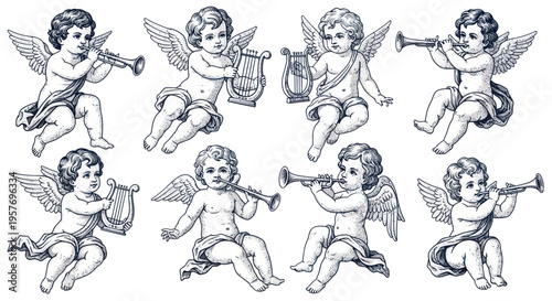Cherub angels playing musical instruments, vintage illustration