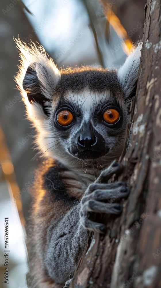 Naklejka premium Ring-tailed lemur clings to a tree trunk. Its large orange eyes stare directly at the viewer. The lemur's face is partially hidden. Natural light illuminates its soft fur