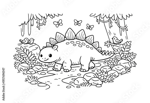 Stegosaurus buddy walking along a jungle trail with ferns, flowers, and rocks, butterflies fluttering above, tiny birds perched
