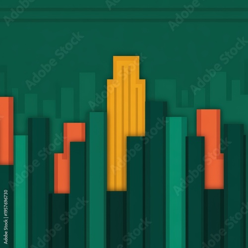 Abstract geometric cityscape with vertical bars in green, orange, and yellow shades on a dark green background.