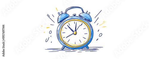 Hand-drawn alarm clock ringing with blue and yellow colors on a white background