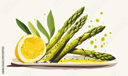 Fresh asparagus spears with a lemon slice and olive oil on a white plate