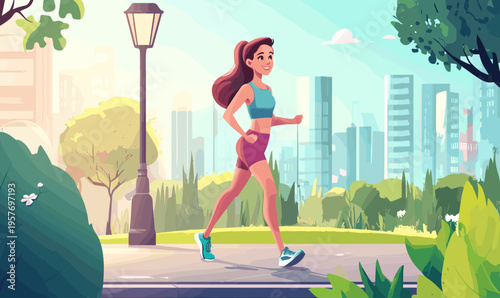 Woman jogging in a city park on a sunny day with skyscrapers in the background