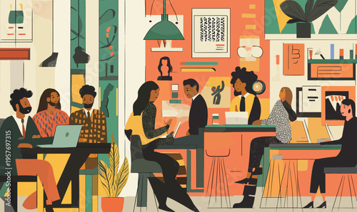 Diverse group of professionals collaborating in a modern, vibrant office space with laptops