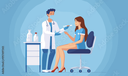 Doctor administering injection to patient in medical office setting