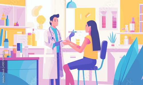 Doctor administering injection to patient in a modern clinic setting with medical supplies