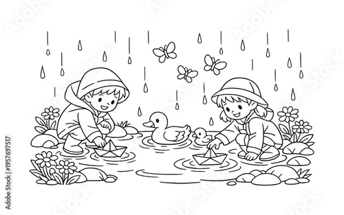 Rainy day with children playing with paper boats in puddles, flowers and rocks around, raindrops falling, friendly ducks swimming