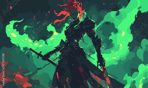 Fierce female warrior with glowing green energy and swords, dark fantasy art style