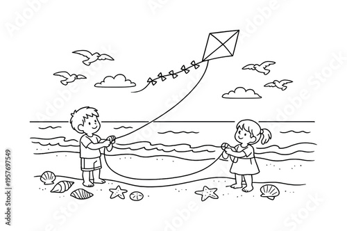 Windy kite gliding over a sandy beach with children holding strings, seashells and starfish on the sand, waves rolling gently,