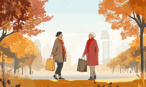 Two women with shopping bags enjoying an autumn day in the city park