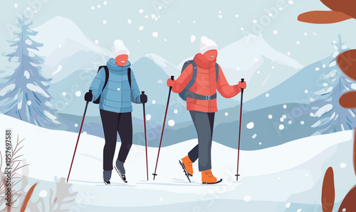 Two hikers with backpacks and poles trek through a snowy mountain landscape during snowfall