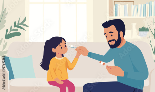 Father giving medicine to his daughter on a spoon at home