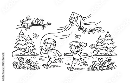 Windy kite flying near a small forest clearing with children running, flowers and ferns swaying in the breeze, butterflies