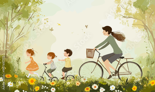 Mother and children enjoying a bike ride through a sunny meadow filled with wildflowers