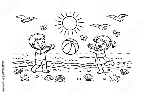 Summer sunshine with children playing with a beach ball near a sandy shore, seashells and starfish scattered, gentle waves