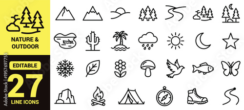 Nature and Outdoor Adventure Line Icon Set with Mountain, River, Desert, Forest, Sun, Moon, Wildlife, Camping and Travel Symbols Black and White Outline Vector Collection