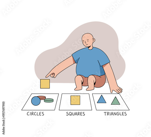 Quiet child sorts colorful blocks into circles squares and triangles on a mat while pointing and naming each form slowly today now