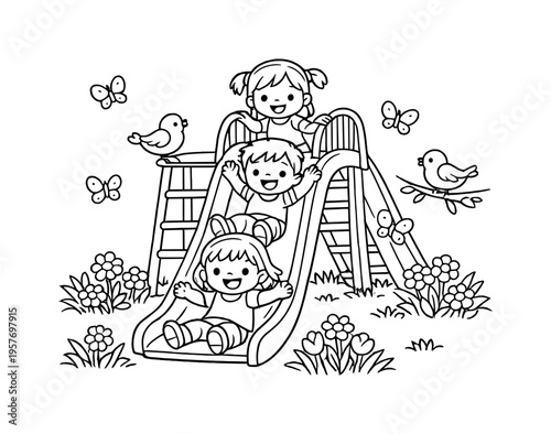 Playground slide with children happily sliding down, surrounded by flowers, grass, friendly birds perched nearby and butterflies