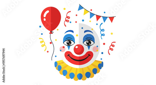 Happy Clown Face with Balloon, Confetti, and Party Bunting - Celebration, Fun, Carnival