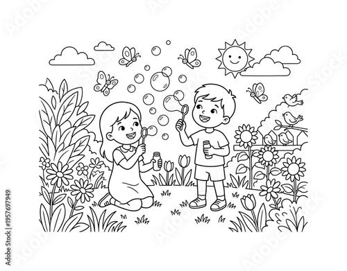 Bubble blowing with children sitting on a cozy blanket blowing bubbles, tiny insects crawling on flowers, friendly birds flying