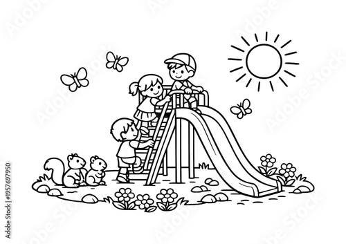 Playground slide with children climbing the ladder, flowers and small rocks around, friendly squirrels watching nearby,