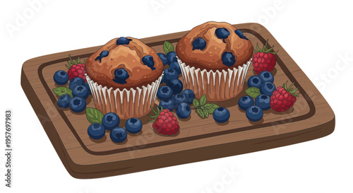 Fresh Blueberry Muffins with Berries on Wooden Board