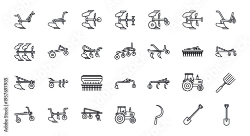 Farm Equipment Icons: Plows, Tractors, Harvester, Pitchfork, Shovel, Sickle