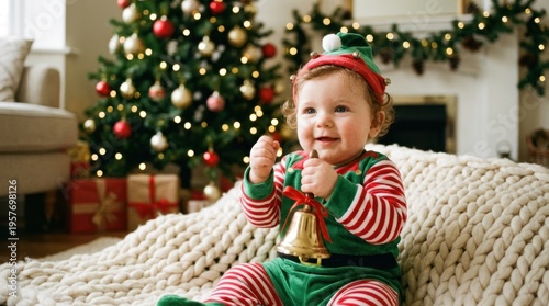 Baby in Christmas outfit sitting on sofa.
