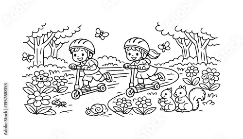 Garden Scooter Adventure. Roller skates with children skating together on a garden trail, tiny insects crawling on flowers,