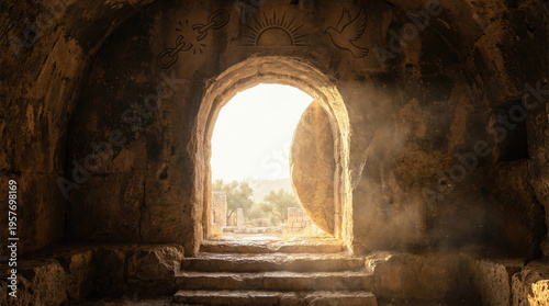 Empty tomb with stone rolled away, symbolizing resurrection and new beginnings