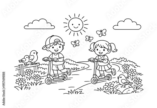 Scooter trip with children riding scooters along a sunny park path, flowers and grass around, friendly birds perched nearby and