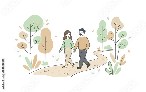 Couple walking park path near trees, moving slowly and enjoying fresh air together, minimalist flat vector illustration with thin
