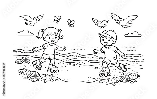 Roller skates with children skating along a sandy beach path, seashells and starfish nearby, waves rolling gently, friendly
