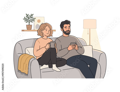 Couple watching movie home during a calm weekend evening, sitting comfortably and holding mugs quietly, minimalist flat vector
