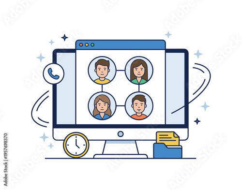 Desktop monitor presenting four connected avatar portraits arranged in square network grid, scissors and glue bottle icons near