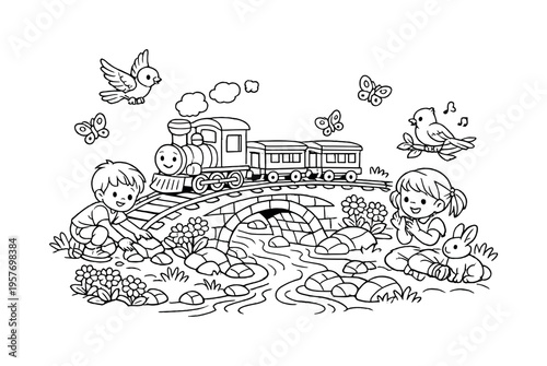Toy Train Adventure. Toy train crossing a small bridge over a pretend stream, children playing nearby, flowers and rocks along the