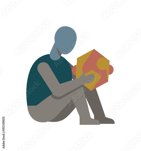 Individual refining personal understanding abstracted as the figure holding one unified geometric form representing distilled