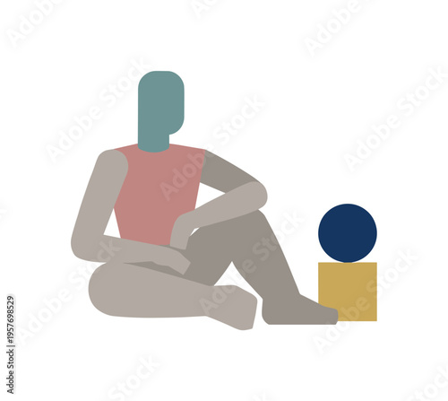 Minimalist illustration of a person sitting with geometric shapes, representing abstract thought