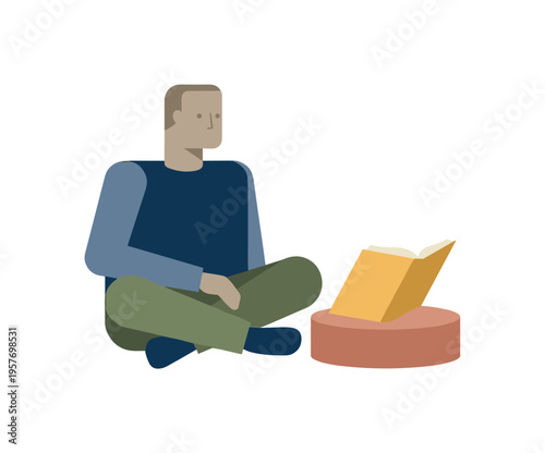 Individual transitioning toward clarity resolved as the figure rests calmly in open space with one balanced form nearby,