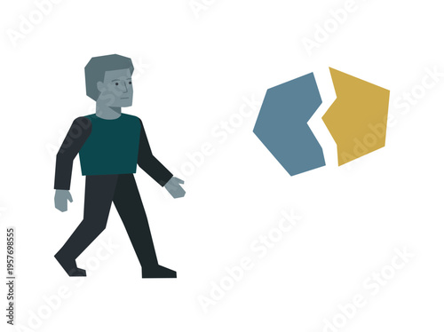 Individual refining personal understanding developing as the figure steps closer to two fragments drifting toward connection,