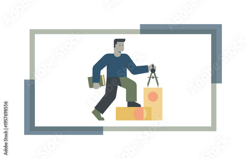 Individual transitioning toward clarity advancing as the figure steps into the newly ordered arrangement, embracing structure.