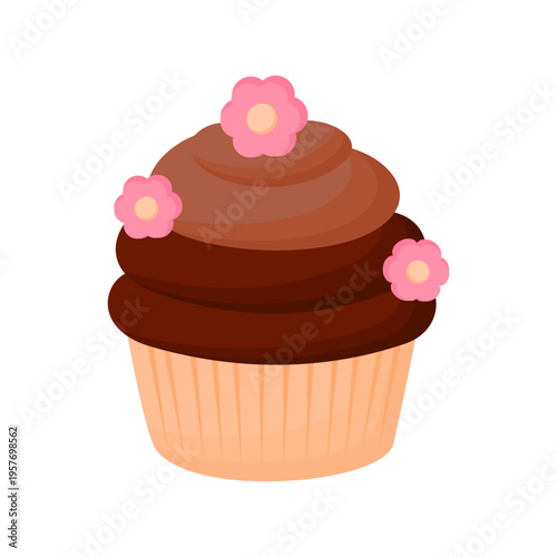 Cute Cartoon Cupcake with Soft Cream Frosting and Cherry Topping, Sweet Dessert Illustration in Pastel Style for Bakery Menu, Kids Party Treat and Confectionery Branding Design
