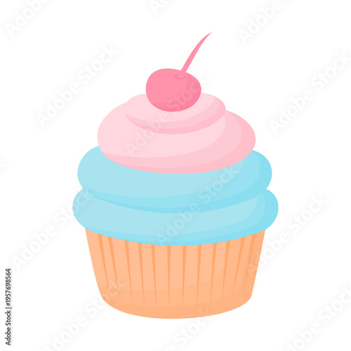 Cute Cupcake with Blue Cream Frosting and Pink Swirl Topping with Cherry, Sweet Pastel Bakery Dessert Illustration for Kids Party, Pastry Shop Menu and Food Icon Design