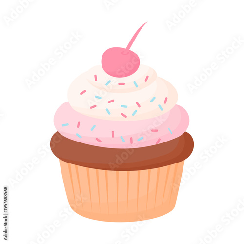 Cute Chocolate Cupcake with Pink Cream Frosting, Colorful Sprinkles and Cherry Topping, Sweet Bakery Dessert Illustration for Party Treat, Pastry Menu and Food Icon Design