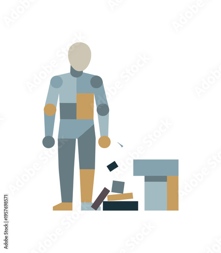 Individual transitioning toward clarity clarifying as remaining fragments settle into a clean, balanced configuration. Stylized