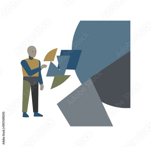 Individual transitioning toward clarity challenged as remaining fragments overlap again, reintroducing tension and ambiguity.