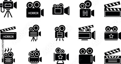 A collection of film and video production icons on a white background